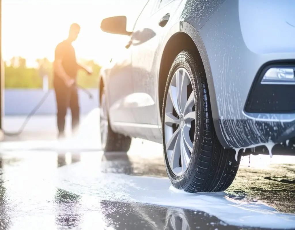 Een elektrische auto wordt gewassen
